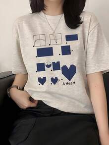 Y2K Women's Oversized T-Shirt With Blue Heart And Square Print - Summer Short Sleeve, Round Neck, 90s Retro Aesthetic, Casual And Layerable Outfit Piece - 淺灰色 - 查看 1