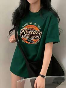 [Bestseller] Camiseta de Verano para Mujer de Manga Corta con Diseño Elegante, Corte Holgado, Estampado de Dibujos Animados, Algodón Puro, Cómoda y Suave, Camiseta de Algodón para Uso Diario. - Verde Oscuro - Ver 2