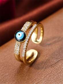 1pc Women's Fashion Minimalist Synthetic Zirconia Drip Oil Devil's Eye Ring, Adjustable Open Band - Open Ring - View 10