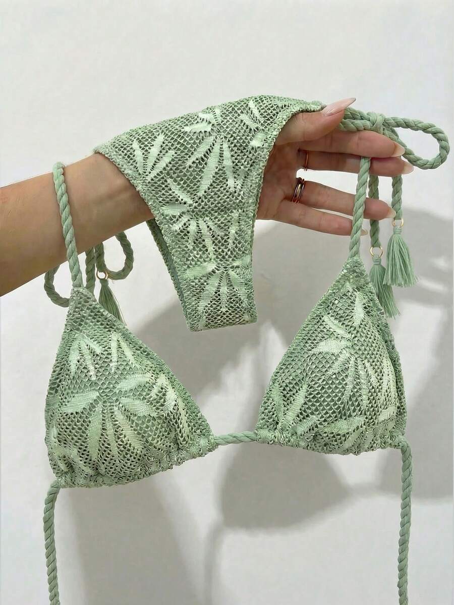 Bikinx Bộ bikini hai mảnh phong cách Bohemian mùa hè dành cho nữ: Áo bikini tam giác bằng vải lưới in họa tiết lá và quần bikini buộc dây tua rua. Thích hợp cho kỳ nghỉ. - Màu xanh Bạc hà - Xem 1