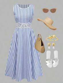 XHEGlowEve Vestido midi de línea A con cintura de parche de rayas azules y blancas de algodón y lino, con recorte de encaje hueco, elegante y encantador para uso diario, vacaciones, citas, moda de calle francesa, retro y versátil para primavera y verano, nuevo diseño sin mangasXHE - Multicolor 2 - Ver 10