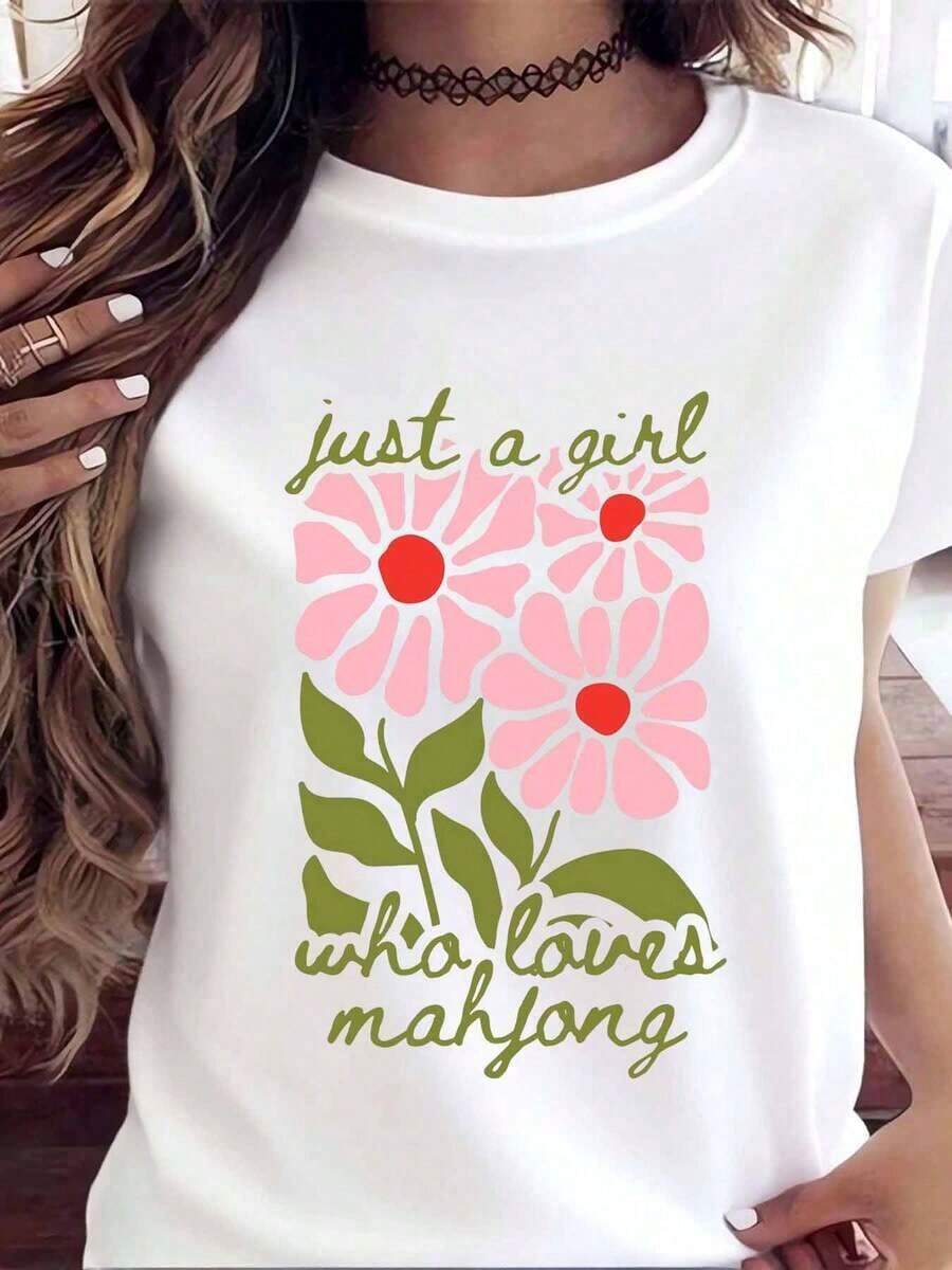 Camiseta Casual Suave con Diseño Floral 'Just A Girl Who Loves Mahjong' para Mujer, Ropa de Verano, 200g, blusa casual mujer, playeras de mujer algodón - Blanco - Ver 1