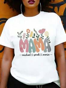 Personalized Floral T-Shirt For Women, Mom With Names Michael, Sarah, Maria, Spring/Summer Gift For Mom - 白色 - 查看 1