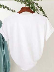 Camiseta de manga corta con cuello redondo y estampado de conejo vintage en talla grande - Albaricoque - Ver 2