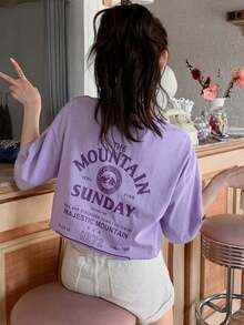 Camiseta holgada con gráfico de eslogan "LA MONTAÑA UN LUGAR MODERNO DOMINGO SOLEADO ERES talla grande FUERTE DE LO QUE SABES MONTAÑA MAJESTUOSA SOL DE VERANO"- Ropa diaria fácil de lavar y de cuidar - Negro - Ver 10
