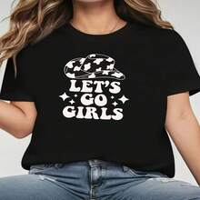Women's Black Cotton Round Neck Short Sleeve T-Shirt With 'Let's Go Girls' Cow Print Hat Graphic, Casual And Comfy Style - 黑色 - 查看 1