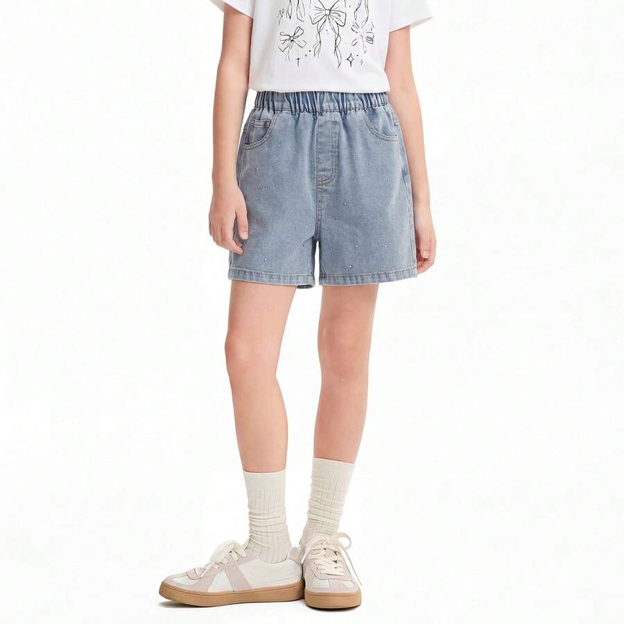 Annil [Quần ống rộng bằng vải denim mềm mại nguyên chất] Quần jean denim gấu rách màu xanh nhạt thời trang mùa hè cho bé gái, giúp thon gọn và tôn dáng. - Quần jean màu xanh nhạt - Xem 1