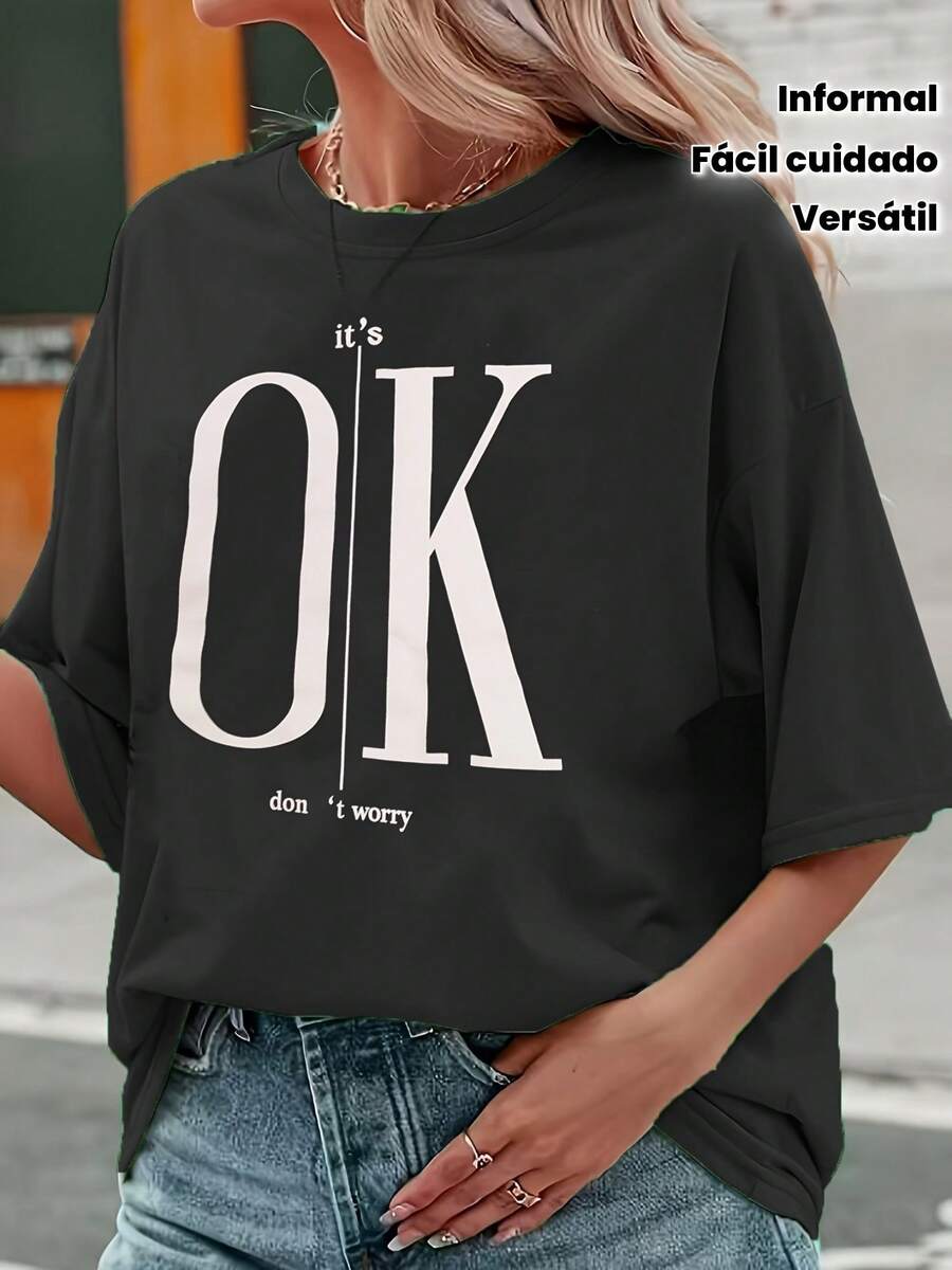 "It's Okay" Motivational T-Shirt For Plus Size Women - Black With White Lettering, Crew Neck, Minimalist Design, Comfortable And Easy To Wash, Versatile Clothing For All Seasons - 黑色 - 查看 1