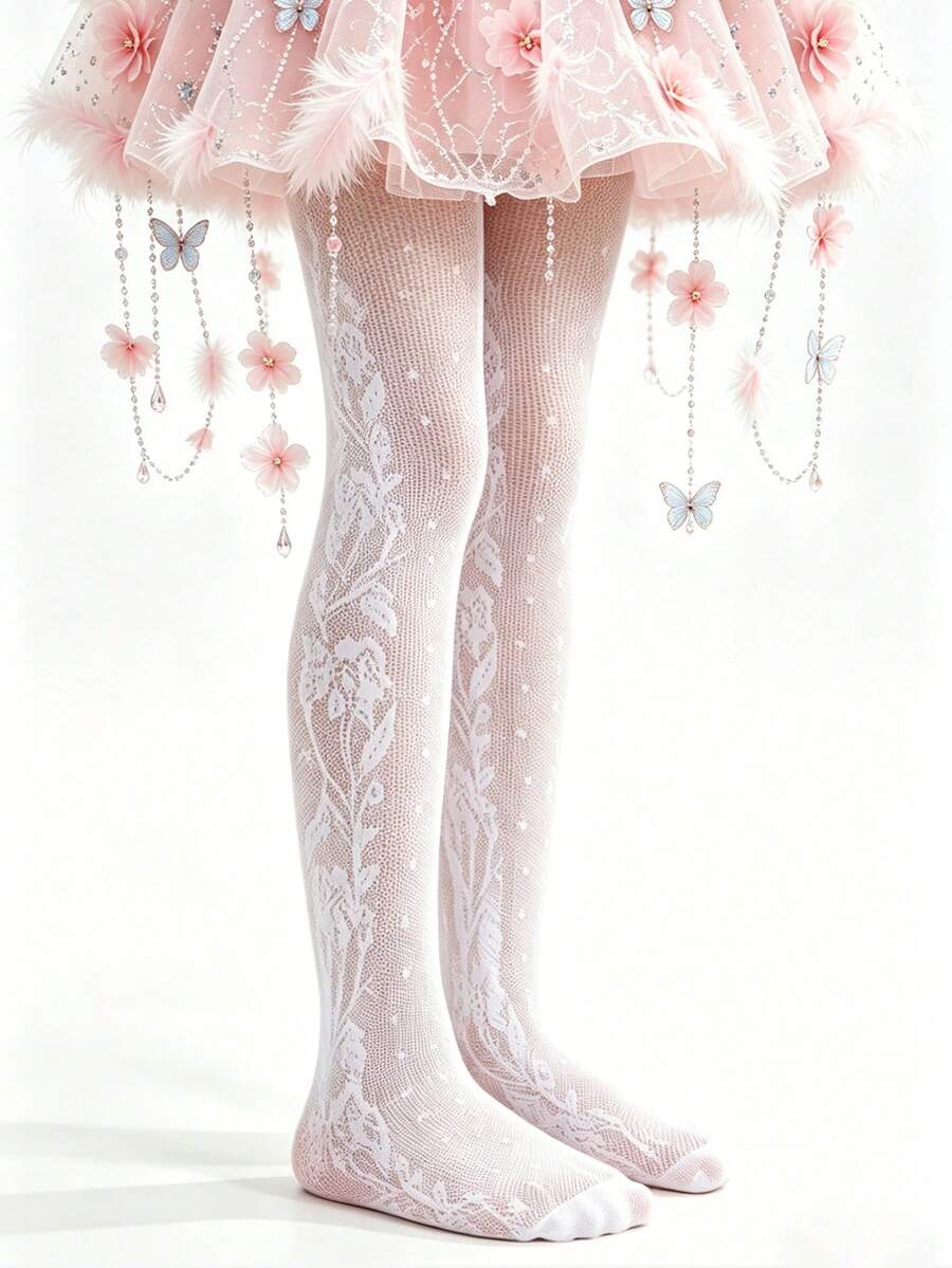 1pc Girls/Toddlers Spring/Summer White Tights, Elegant Rose Flower Pattern Decor, Fashionable Sweet Soft Lightweight Dance Stockings, Versatile Comfortable Breathable Leggings, Suitable For /Wedding/Performance/Dance Practice - White - View 1
