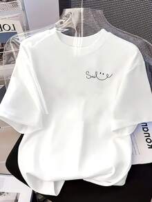 Short Sleeve Front Panel, Smile Print, Smile Print Women's Casual Short Sleeve Top With Round Neck - Women's Clothing, Comfortable Fit, Classic Design Tee - 白色 - 查看 6