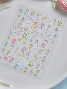 1 Sheet 3D Embossed Spring Garden Nail Stickers, Cute Flower Pot & Birdhouse Pattern, Self-Adhesive Sweet Nail Art Decals - Multicolor - View 7