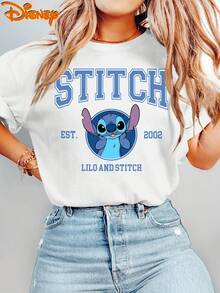 Women's Disney Lilo & Stitch T-Shirt - Plus Size S-XXL Short Sleeve Vintage Stitch Print Top | Double-Sided Lilo & Stitch Suitable For Spring Summer Fall Casual Casual Attire, Machine Washable Round Neck Blouse Disney Trip Outfits - trắng - Xem 2