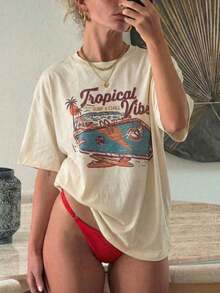 Nuevos productos de la temporada Camiseta divertida Oversized T-shirts T-shirts Women's Letter Casual T-shirts for Women Camiseta de mujer de manga corta y cuello redondo con estampado de piscina de verano, de estilo casual versátil, adecuada para uso diario y vacaciones OI9Y - Blanco - Ver 2