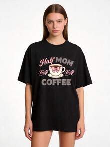 Women's Basic Casual Round Neck T-Shirt, Sizes S-2XL, 100% Pure White, "Half Mom, Half Coffee" Design, Suitable For Families And Couples, Perfect For Spring And Summer, An Ideal Gift For Mother's Day, Family And Close Friends, . - 黑色 - 查看 8