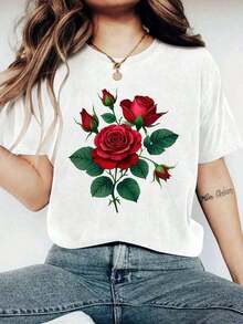 Soft 100% Cotton T-Shirt, Casual Graphic Tee For Young Women, 1 Piece, Plus Size, With Red Rose Print - Short Sleeve T-Shirt, Round Neck, Casual Design, With Burgundy Leaves And Roses, Lightweight And Breathable Fabric, Suitable For Spring And Summer Casual Wear, Valentine's Day Outfit, Stylish Machine Washable Shirt, Floral Pattern Of Bright Red Roses And Green Leaves, Loose Fit To Highlight Feminine Fashion - Casual T-Shirt For Women - Comfortable And Loose, New And Stylish T-Shirt, Made Of Breathable Cotton, Goes With Everything. - 白色 - 查看 4