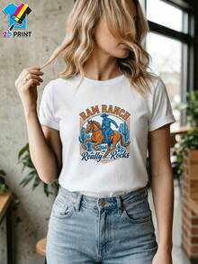 Camiseta de Mujer 1 pieza. Camiseta casual para mujer, con estampado de diseño vintage de vaquero montando a caballo y cactus del desierto, muy adecuada para festivales de música country, competiciones de vaqueros, viajes a la granja y uso diario, disponible en varios colores y tallas. Camisetas para Mujer. - Blanco - Ver 7