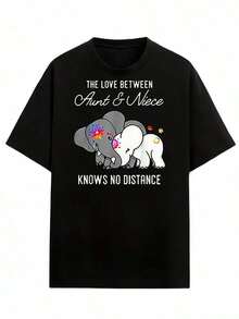 2026 Camiseta Negra de Manga Corta con Estampado de Elefante y Texto - Ropa Casual para Mujer Blusas Para Mujer Casual - Negro - Ver 5