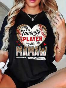 Camiseta Deportiva Casual para  con Gráfico de Béisbol en Forma de Corazón y Texto - Camiseta Elástica de Cuello Redondo, Lavable aáquina, Ajuste Cómodo y Apta para Todas las Estaciones, para Uso Diario y Actividades Informales. - Negro - Ver 6