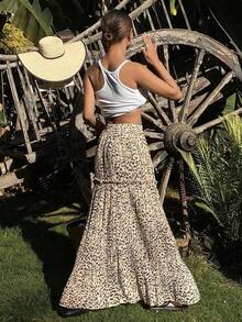 Falda plisada con volantes y estampado de leopardo para mujer, informal para primavera/verano, otoño, ropa de vacaciones, atuendos florales bohemios - Marrón - Ver 2