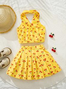 Set de 2 piezas de top sin mangas con estampado de cerezas y lazo colorido + falda plisada para niñas jóvenes, adecuado para vacaciones y uso al aire libre - Amarillo - Ver 3