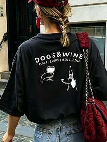 Short-Sleeved T-Shirt With A Round Neck And A Graphic Print Of A Cartoon Puppy In Burgundy. Minimalist Graphic Design T-Shirt With A Round Neck And Short Sleeves For Women. Versatile, Loose-Fitting, Casual T-Shirt With A Round Neck And Short Sleeves, Fashionable For Everyday Wear And Vacations. Suitable For Valentine's Day, Back To School, Teacher's Day, Etc. Soft, Loose-Fitting, And Comfortable Graphic Print Short-Sleeved T-Shirt, High-End Streetwear, Casual And Versatile, A Short-Sleeved Top For Summer. - 黑色 - 查看 1