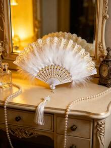 1 pieza Abanico de mano vintage de plumas blanco y negro, decorado con ribete de encaje dorado y borlas de perlas - Estilo elegante gótico lolita victoriano, adecuado para novia de boda, cosplay, fiesta, disfraz de Halloween, accesorio de fotografía, decoración de fiesta de té, baile de máscaras, regalo - A - Ver 14