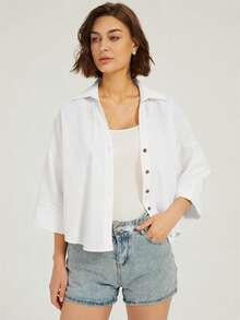 Áo sơ mi trắng dáng rộng phong cách casual thanh lịch cho công sở và đi chơi, trang phục dạo phố đi du lịch, áo sơ mi thanh lịch cho kỳ nghỉ - trắng - Xem 2