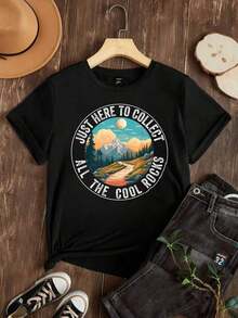 Camiseta de Mujer Casual con Cuello Redondo, Opciones en Blanco y Negro, Disponible Aquí para Recoger, Estampado de Paisaje de Montaña con Rocas Geniales, Camisetas de Uso Diario de Verano, Tops de Verano, Camisetas Gráficas, Conjuntos de Verano, Camisetas Gráficas de Mujer, Tops Cortos de Mujer, Tops de Mujer, Ropa Linda de Algodón Vintage para Mujer, Playera Holgada para Mujer - Negro - Ver 2