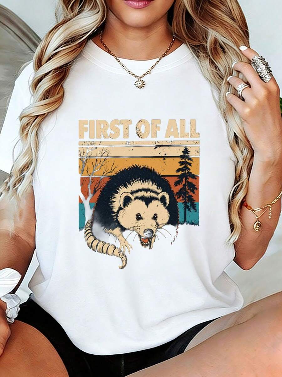 Women's Vintage Raccoon Print T-Shirt - Women's Retro Style Loose Fit T-Shirt, Soft Casual Top, With Distressed Letter Prints And Landscapes, A Great Choice For Breathable Summer Tops For Women. - 白色 - 查看 1