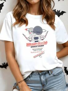 Viaje galáctico con planetas y nave espacial que evocan exploración del universo y aventura entre estrellas camiseta de mujer moderna cómoda para uso diario y expresión creativa - Blanco - Ver 1