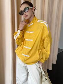 Áo khoác thể thao cổ đứng nút ếch phong cách Trung Hoa mới, kiểu preppy dáng rộng, casual đa năng, trẻ trung, chống nắng cho nữ - Màu vàng - Xem 6