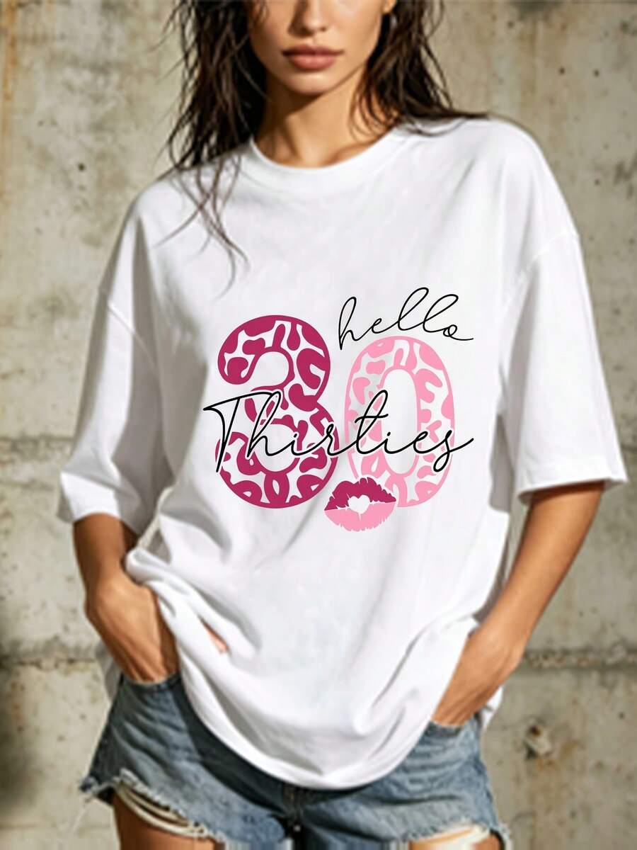 Women's Casual Blouse, Simple Style For Everyday Wear, Hello Thirties, 180g Leopard Print T-Shirt For Women -- Ideal Gift For 30th Birthdays, Family Gatherings, And Corporate Events! Comfortable, Soft, And Simple Short Sleeve Top For Everyday Wear. - 白色 - 查看 1