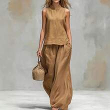 Women's Two-Piece Set, European And American Style 2026, With High Neck, Sleeveless, Cotton And Linen, Solid Color. - 酒紅色 - 查看 3