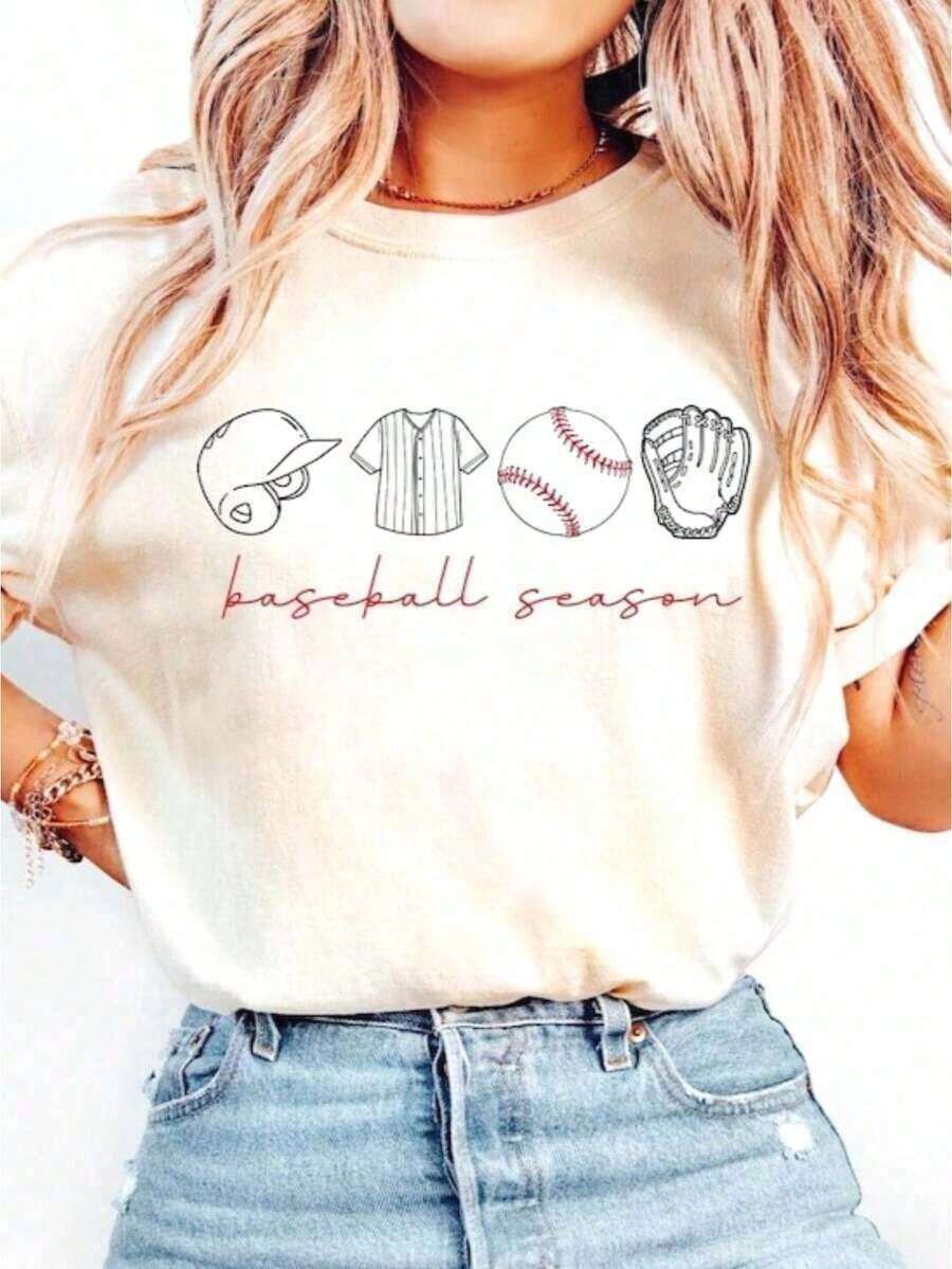 1 Baseball Season T-Shirt, Baseball Game Day Gift, Women's College Baseball T-Shirt, Gift For Mom, Father's Day Gift, Funny Graphic Tees For College Game Day For Men And Women, Casual Loose Crew Neck T-Shirts, Women's Plus Size 180g Graphic Tees, Soccer World Cup Print Short Sleeve T-Shirts For Mother's Day, Summer Fashion Tops. - 白色 - 查看 1