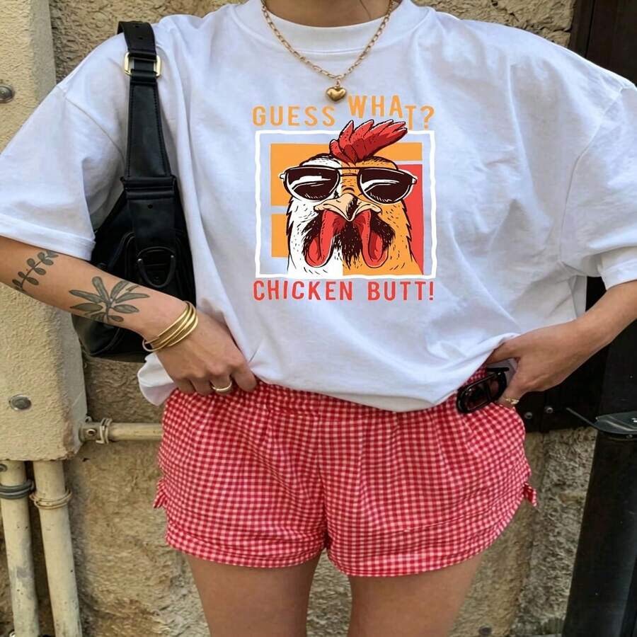 Cute Daily Casual Graphic T-Shirt 100% Cotton Oversized Soft Breathable Casual Crewneck Short Sleeve Top Red Checkered Shorts Street Style Fashion Lovers Casual Wearers Daily Outfit Enthusiasts Gift Givers
