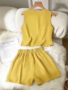 Set de 2 piezas de conjunto informal de mujer de unicolor con nudo, elegante para primavera/verano - Amarillo - Ver 2