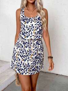 Vestido de verano casual con estampado de hojas, cuello redondo, sin mangas, con cordón en la cintura, para vacaciones y playa para mujer - Multicolor 3 - Ver 3