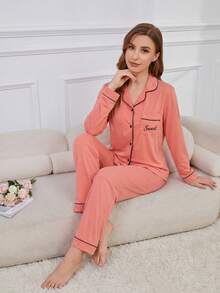 Bộ đồ ngủ thoải mái gồm áo dài tay và quần dài màu trơn, chất liệu 100% cotton, kiểu dáng rộng rãi, có túi, dành cho nữ. - Màu Hồng  San hô - Xem 5