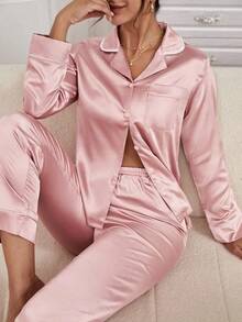 Moireta Conjunto de pijama de top de satén con cuello de solapa y botones con ribete de contraste y pantalones, detalles acogedores y elegantes, ropa de otoño e invierno - Rosa vieja - Ver 6