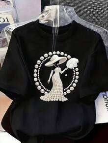 Camiseta estampada para mujer de estilo elegante, de lujo ligero, de gama alta y con mucho porte | Diseño de joyería de perlas y diamantes para mujer | Lujo ligero, espléndida para uso diario | Tejido suave y transpirable para la parte superior del cuerpo, camiseta casual de cuello redondo y manga - Negro - Ver 2