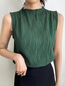 Blusas de tirantes de cuello alto de verano de tela con textura uniforme, casuales pero elegantes - Verde Oscuro - Ver 2