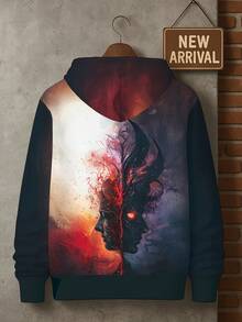 Men's Surreal Streetwear Sweater - 3D Printed Split Face Art & Flame Design Hoodie, Full-Body HD Print, Comfortable Blouse Style Sweater Suitable For Concerts, Festivals & Daily Wear, PLUS SIZE - màu đen - Xem 5