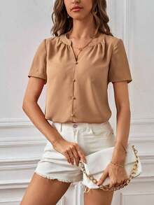 Blusa casual de mujer de unicolor con cuello en V y manga corta - Caqui - Ver 6