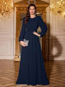 Vestido de dama de honor de manga linterna de unicolor elegante y extra largo - Azul marino - Ver 6