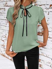 Camisa de mujer de manga corta, con lazo, volantes, a cuadros, elegante y casual para vacaciones y picnic, primavera/verano - verde menta - Ver 3