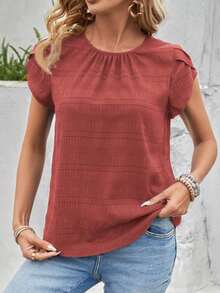 Blusa de manga corta con abertura en la espalda y manga estilo pétalo de unicolor, blusas de manga corta - Óxido marrón - Ver 5
