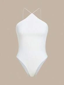 Body de verano sin mangas y sin espalda para mujer de unicolor con estilo de cuello halter - Blanco - Ver 4