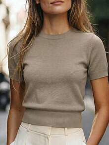 Blusa de punto de manga corta de unicolor y estilo minimalista, para uso diario - Marrón Mocha 2 - Ver 2