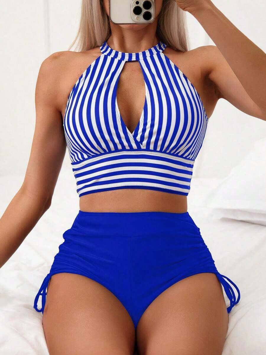 Bañador bikini de rayas con abertura con cordón lateral - Azul y blanco - Ver 1
