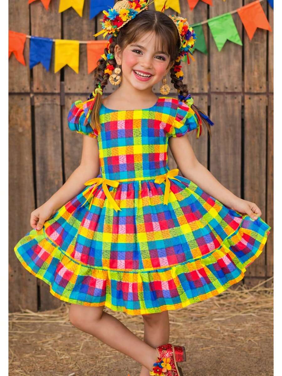Children's Dress For June Festival, Countryside, Saint John's Day, Checkered Pattern, Bow, Square Dance, School Fair, Arraiá, Northeast, Costume, Popcorn Queen, Little Girl, Festivity, Ruffles, Youth, Typical July Festival - 橘色 - 查看 1